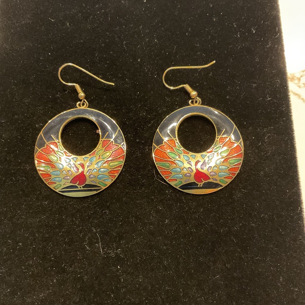 Vintage Cloisonné Peacock Earrings